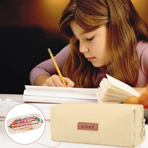 Stort beige pennfodral i canvas med dragkedja