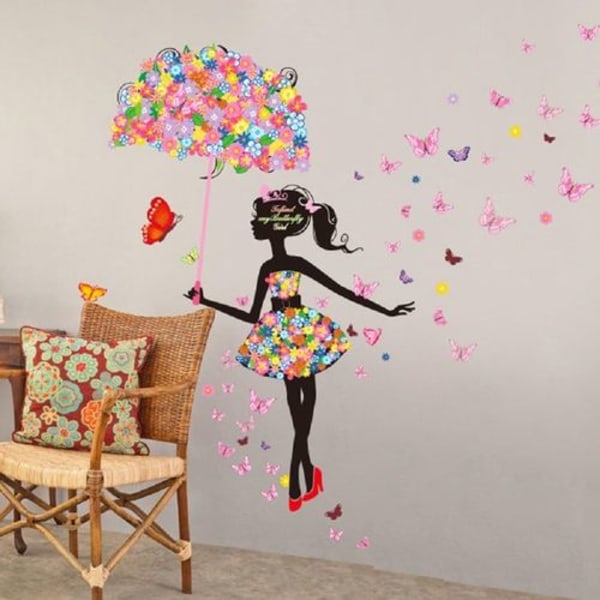 Nature Series Smuk blomsterpige med paraply aftagelig vinyl DIY vægmaleri