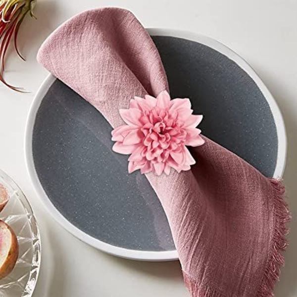 Set med 6 håndlagde serviettringer med blomster, kunstige rosa dahliaer, naturlige serviettringholdere for borddekor, bryllup, Thanksgiving (Dahlia -Rosa)