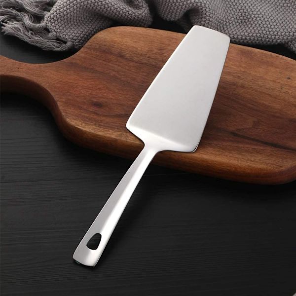Rostfri kakskärare pizzaspatel server med platt handtag, spegelpolerad och diskmaskinssäker, silver