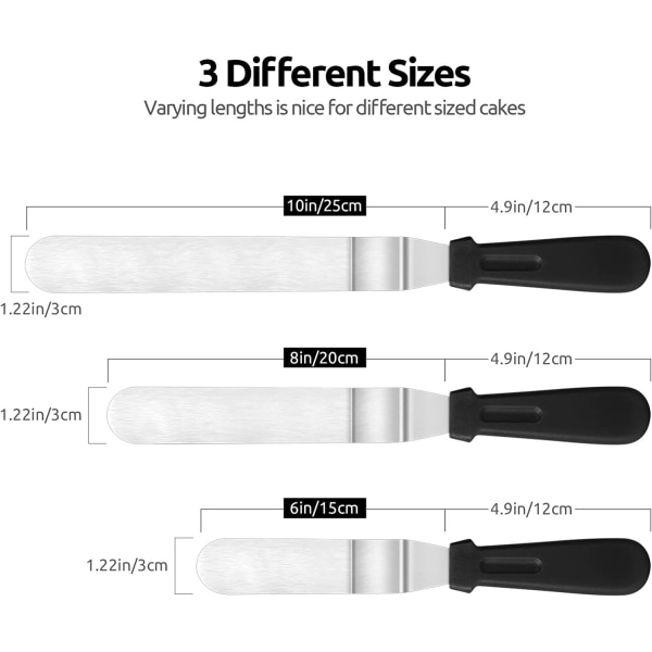 Offset Spatula -setti, 3 kpl, 6", 8", 10" terällä, ruostumattomasta teräksestä valmistettu kakunkoristelu- ja kuorrutuslastasetti, 3 kpl (musta)