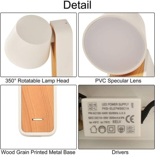Hvid LED væglampe med træbase, 6W varm hvid 2700