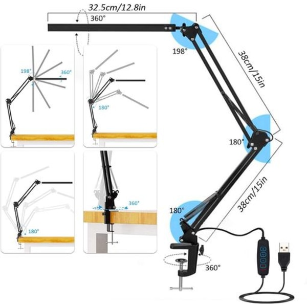 LED-skrivebordslampe 12W sammenklappelig bordlampe med klemme 10 lysstyrkeniveauer