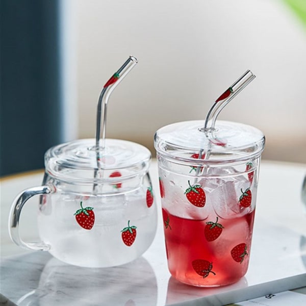 Jordbær kaffekrus, varmebestandigt borosilikatglas glas vandkop med sugerør og låg, tegneserietryk klart jordbærmønster