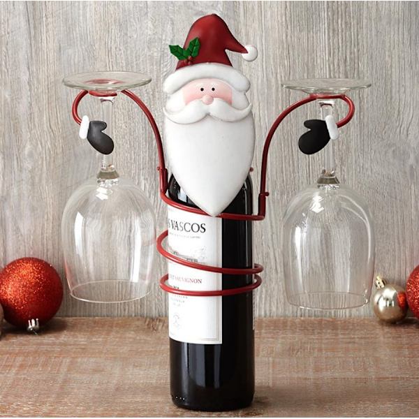 Røde juledekorasjoner, juleferieflasker og glassholdere, nisse snømannflasker, 1 vinflaske og 2 glass
