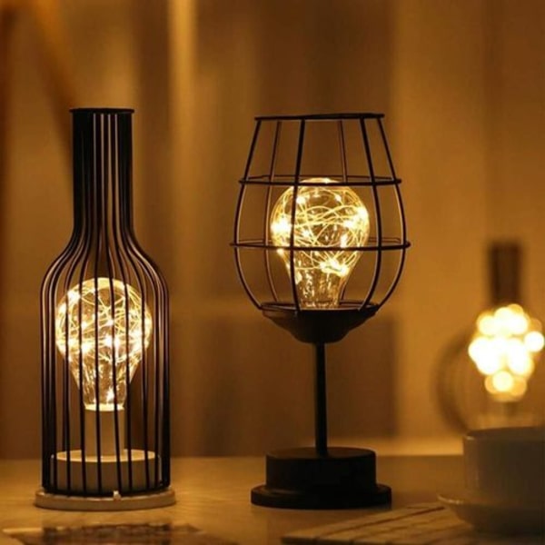 Sort metaltrådsbordlampe, moderne jernkurv-stil nattelys,