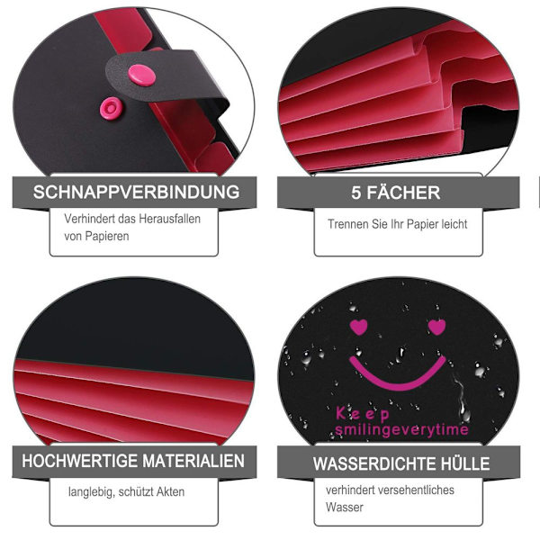 Strækbar mappe, polypropylen, A4 og brevformat, med 5 rum