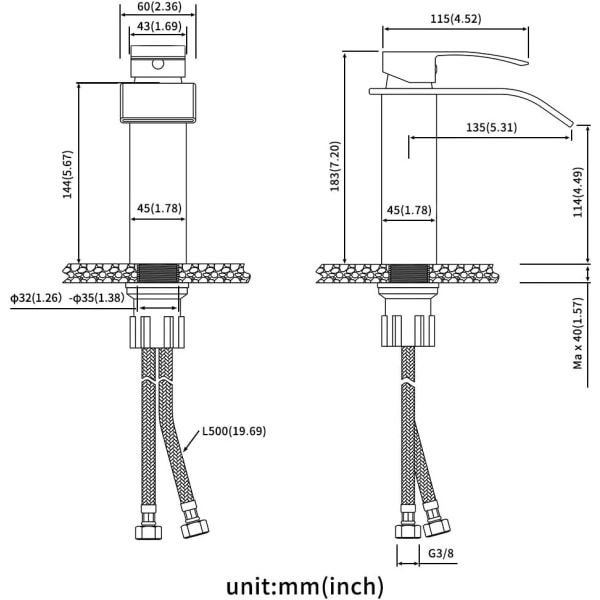 Fosskran for servant med 114 mm tut høyde, svart baderomsbatteri med varmt og kaldt vann tilgjengelig, elegant messing servantkran