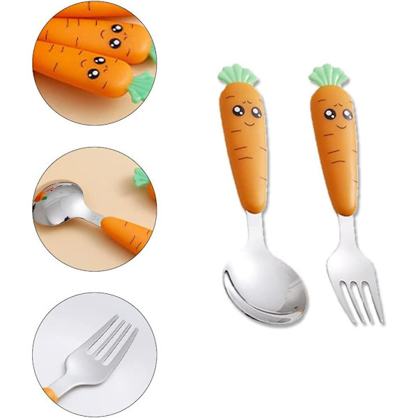 2 stk. rustfrit børnebestik i rustfrit stål, børnebestik i rustfrit stål, gaffel og ske til børn, baby, hjem, skole (rundt håndtag, ca.