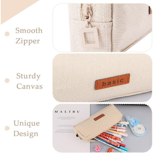 Stort beige pennfodral i canvas med dragkedja