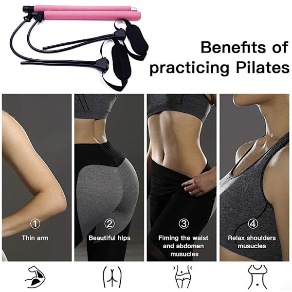 Pilates Bar Kit med modstandsbånd, multifunktionel bærbar hjemmetræning pink
