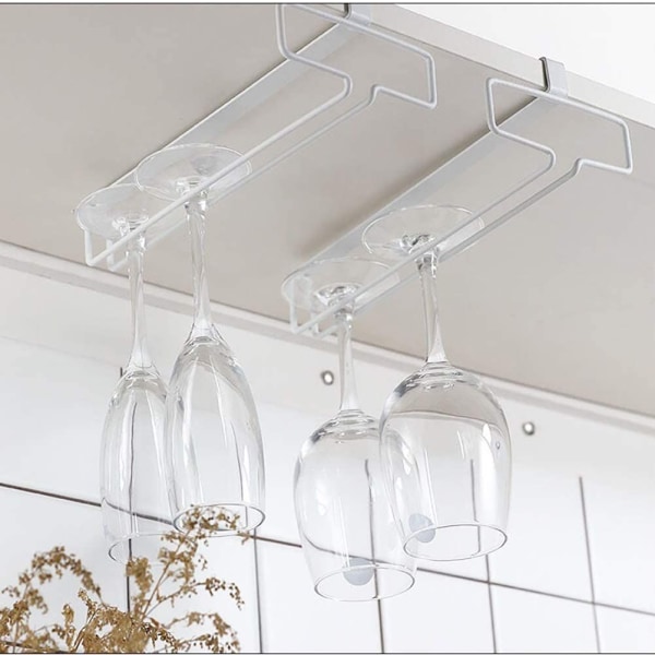 Hengende vinglassholder i metall, vinstativ under skapet, montering, rommer opptil 4 glass (2-pakning, hvit)