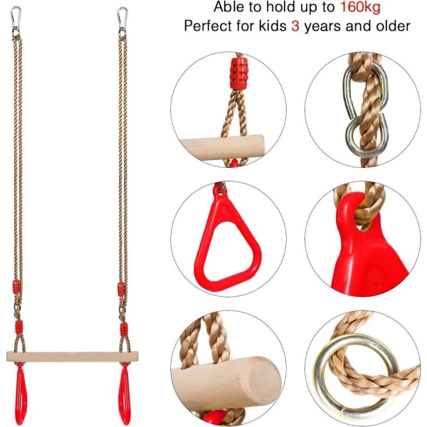 PELLOR multifunksjonell barne-trapeshuske i tre med gymnastikkringer i plast for rødt