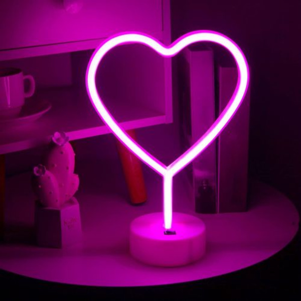 Hjerteformet lyserød LED-neon - Hjerteformet dekorativ bordlampe (dekorativt lys, neonlys,
