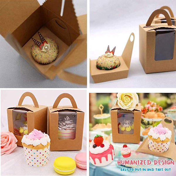 25 stk. (brune) bærbare cupcake-æsker, individuelle cupcake-æsker med vindue, med PVC-indsats og håndtag og display-vindue, til fødselsdagsfest bryllup