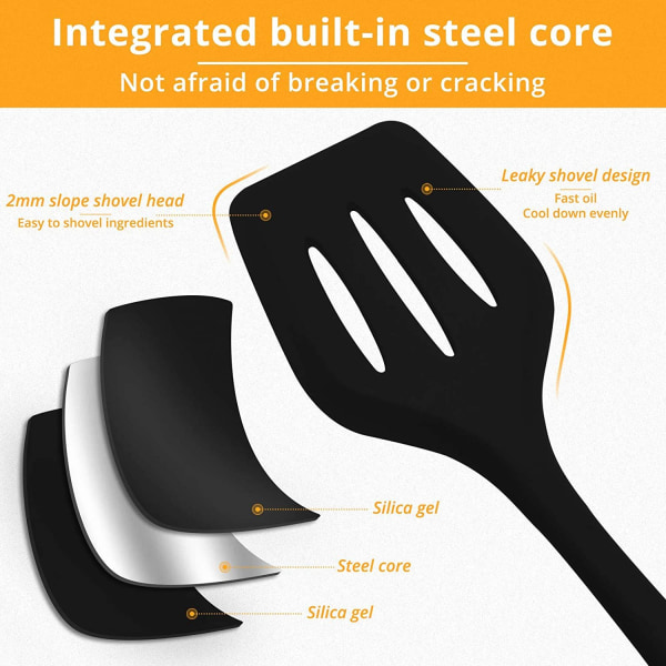 Silikon Spatlar, Non-Stick, Spatel med slits, livsmedelskvalitet, hög värmebeständighet upp till 480°F, slitsad spatel för fisk, ägg, pannkakor (L, svart)