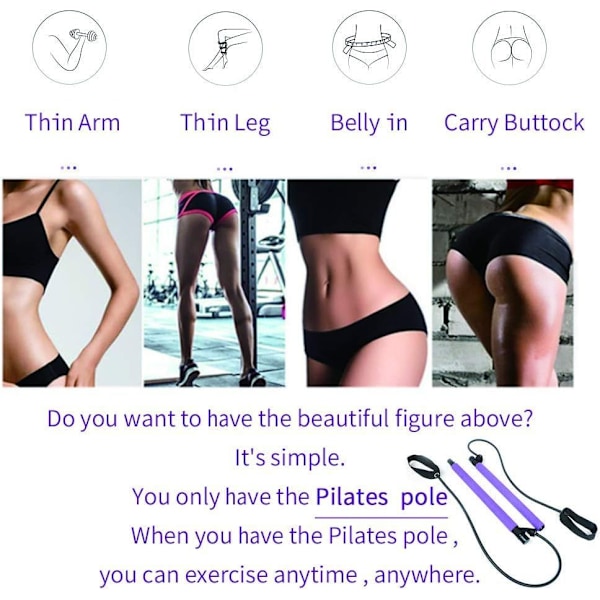 Bærbar Yoga Pilates Bar Kit, Pilates Utstyr med Motstandsbånd Bar Lilla