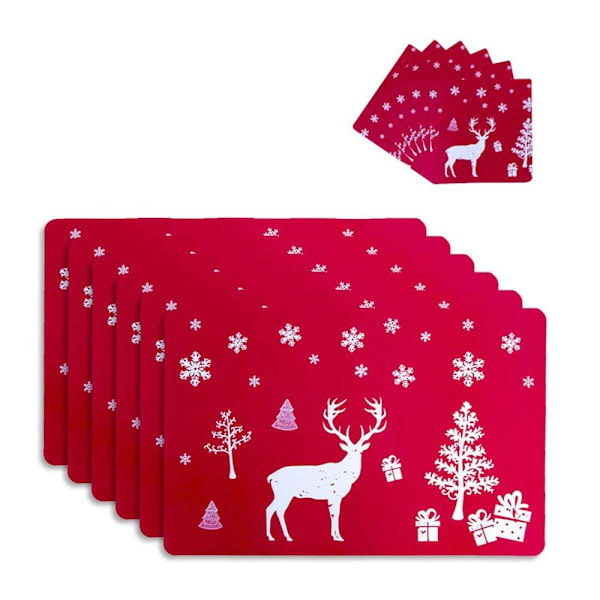 6 Merry Christmas-brikkeunderlag og 6 coasters, vaskbare vanntette sklisikre PVC julebrikkeunderlag for kjøkken spisebord hjemmedekorasjon (rød hjort)