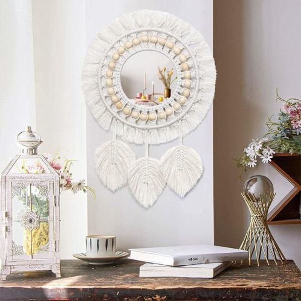 Väggspegel - Boho spetsfrans runt dekorativ spegel med träpärlor