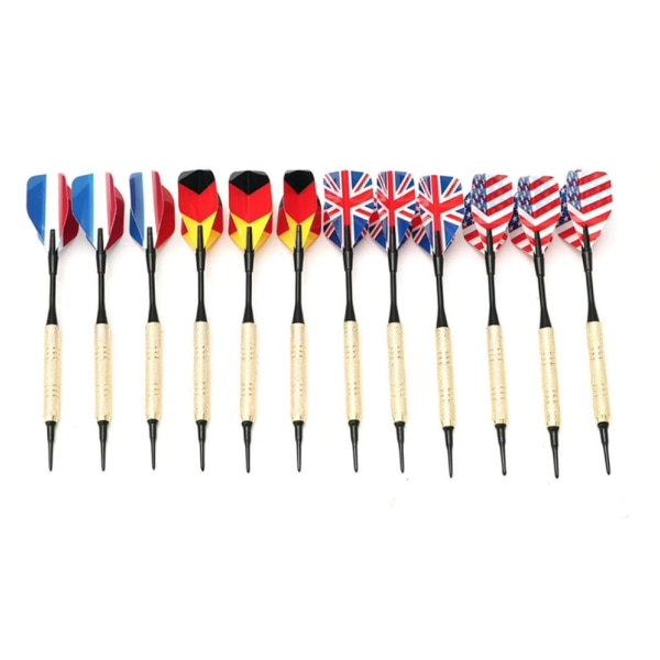 12 metal darts, plastic tip darts + 36 soft tip flag tips