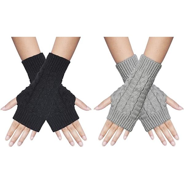 2 par stickade fingerlösa handskar, dam vinter varma handskar, klassiska stickade handskar för handledsvärmare
