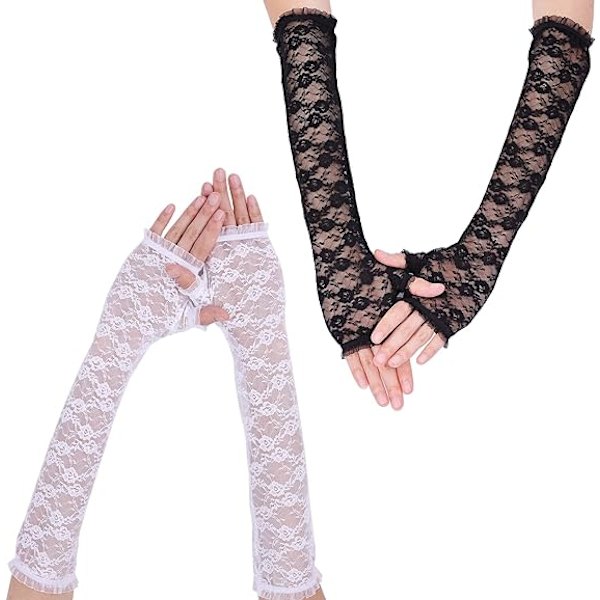 2 par långa spets handskar för kvinnor, (svart, vit) 40 cm/15,7 tum spets handskar fingerlösa blommiga brudhandskar idealiska för tebjudning bröllopsopera fest