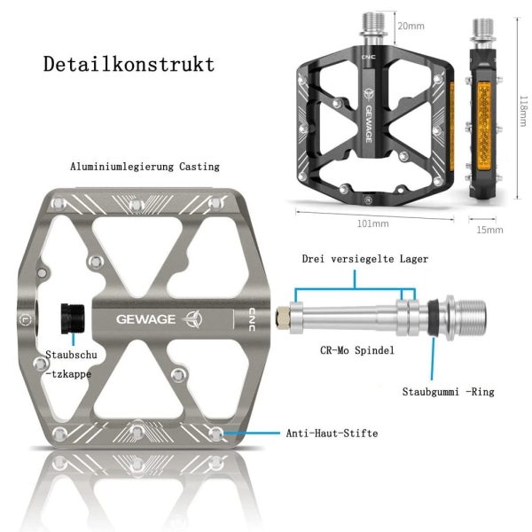 Cykelpedaler med reflekterende striber, 3 forseglede lejer, skridsikkert CNC-aluminium