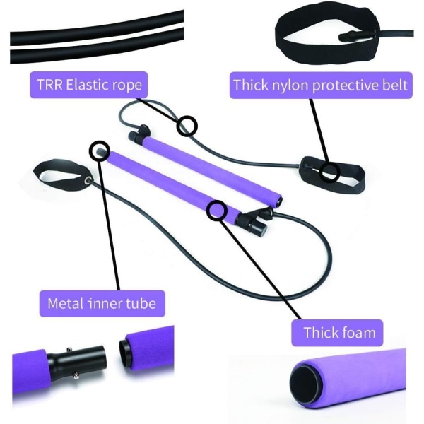 Bærbar Yoga Pilates Bar Kit, Pilates Utstyr med Motstandsbånd Bar Lilla