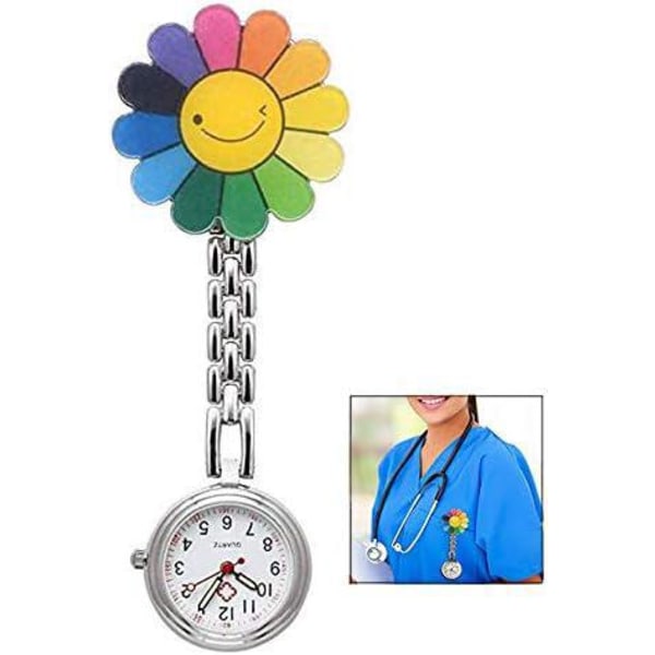 Sygeplejerskeur med klips, sølv(regnbueblomster), vandtæt kvartssygeplejerskeur til mænd Kvinder lægesygeplejersker