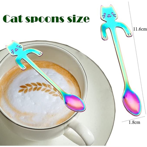6 stk. kattekaffe-teske (flerfarvet), kaffegaver til mænd, rustfrit stål, hængende kopkaffeske, mini sød killing omrøringsske