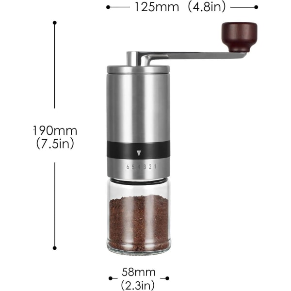 Manuaalinen kahvimylly, säädettävä karkeus, kartiomainen keraaminen mylly, 6 karkeustasoa, kannettava matkoille