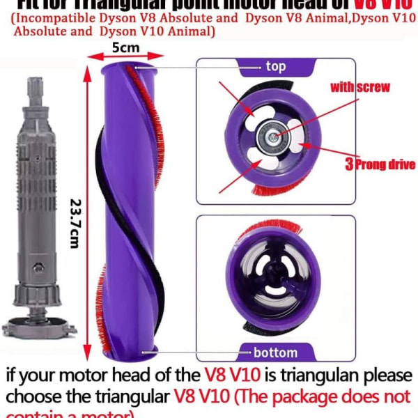 Harjarulla Dyson V10 V8:lle, 3-nastainen käyttörullatanko Dyson V10 V8:n vaihtoon