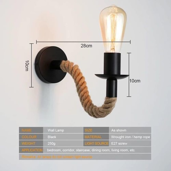 Vintage hamp reb væglampe, industriel væglampe, ideel