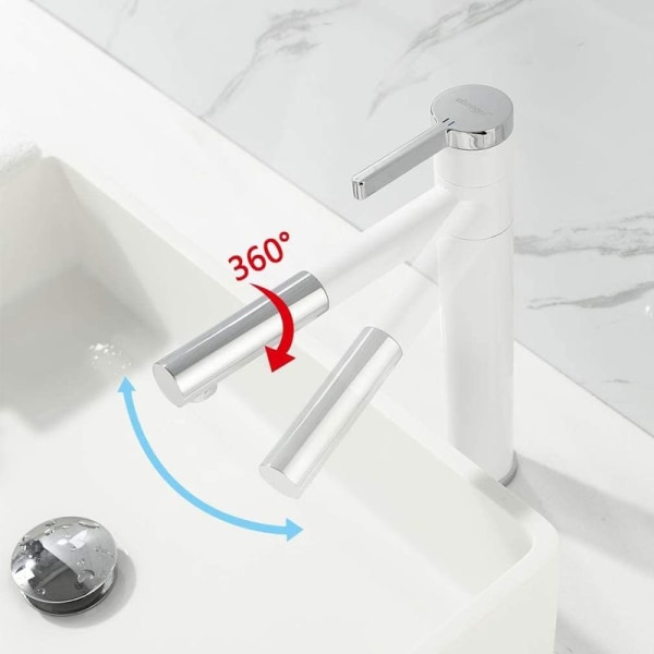 Kylpyhuonehana Valkoinen pesuallashana 360 Pyörivä messinki, yksikahvainen pesuallashana