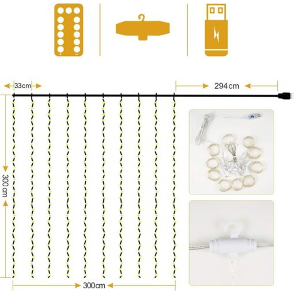 LED-lyskæde, lysgardin 300 LED USB hvid