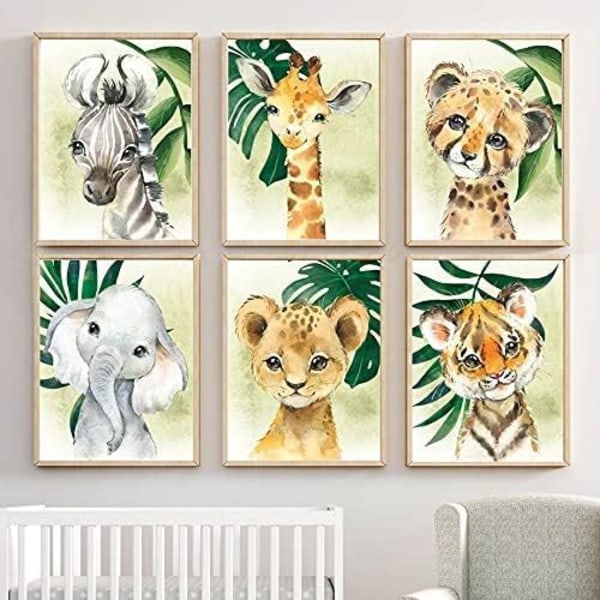 Little Baby Watercolor Animal Jungle Safari Prints sett med 6 (uinnrammet)
