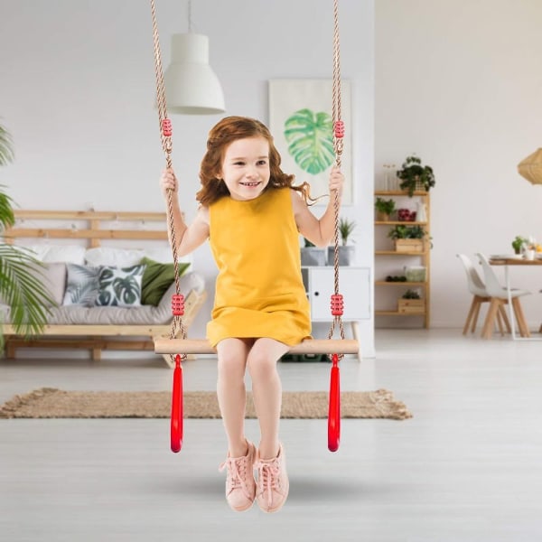 PELLOR multifunktionel børne trapezgynge i træ med gymnastikringe i plast til rød