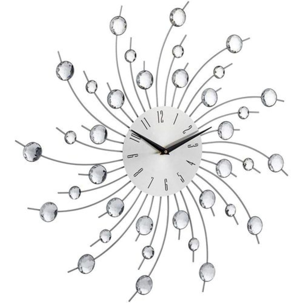 Sunburst Veggklokke Glitrende Bling Metallisk Sølv Blomformet Veggklokke for