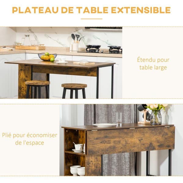 Sentral øyebord med sammenleggbar sidepanel og 3 hyller, 120 x 76 x 91,4 cm, Rustikk Brun