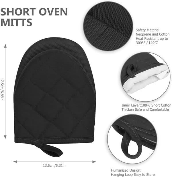 1 Pair Short Silicone Oven Mitts - Non-Slip Surface with Hanging Loop - For Grilling and Microwave - Machine Washable (Black)