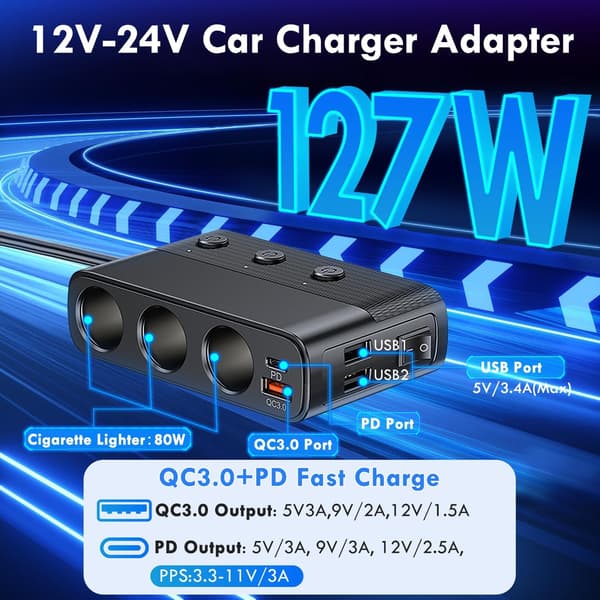 127W Triple-Socket Car Charger / USB QC 3.0 / PD / Dual USB Interfaces, 12V/24V Socket, Independent Switch & LED Voltmeter