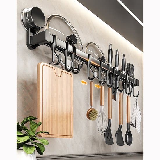 Kitchen Rack with Suction Cups, Drill-Free Wall Shelf, Removable Storage Hanger with 10 Hooks, 50*10.5*7 cm, for Kitchen, Bathroom, Bedroom - Grey