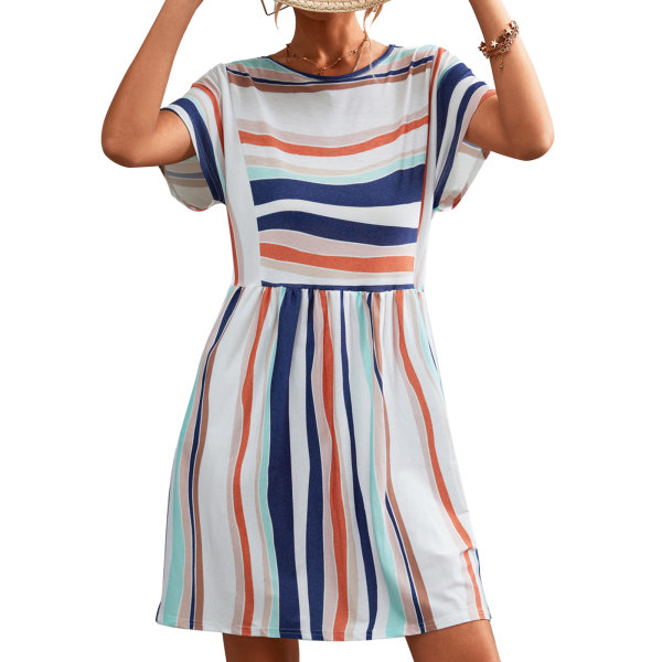 Women Short Sleeve Dress Stripe Printed Round Neck Casual Style Loose Dress for Summer Orange White XL