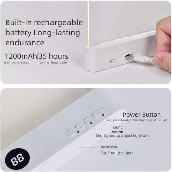 Oppladbar LED-leselampe for nettbrett - Bærbar med timer og dimmefunksjon - Hvit - Perfekt for lesing i mørket - Gave til lesere