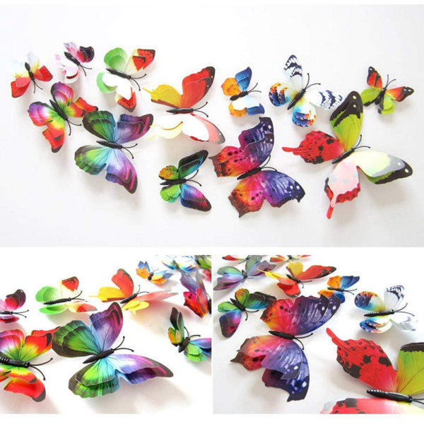 12st flerfärgad dubbellager 3D-fjäril väggdekalmagnet PVC-fjärilar Kylskåp för barn, inredning