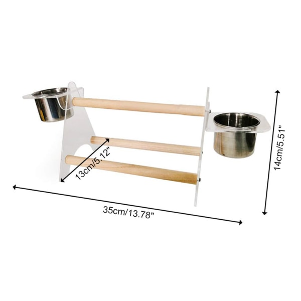 Trefot i tre for papegøyer med fôringskopp, papegøyestang, tilbehør til bur
