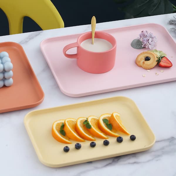 Kitchen Tray Wheat Straw Rectangular Nordic Style Cupcake Fruit Snack Tea Party for Home Office Restaurant Yellow S (Approx. 25x17cm / 9.8x6.7)