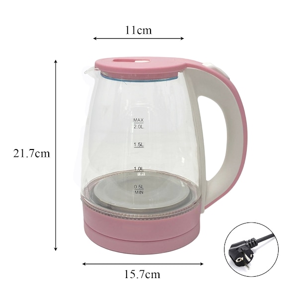 1500W Elektrisk Vattenkokare 2L Varmvattenkokare Bred Öppning Glas Tekanna Automatisk Avstängning Koktorkningsskydd EU-kontakt 220V Rosa
