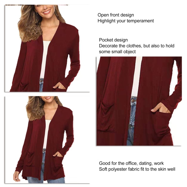 Damtopp Långärmad Öppen framficka Snygg Fashionabla Loose Fit-topp för Lady Wine Red L