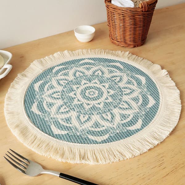 Round Cotton Polyester Woven Placemat with Tassels, Soft Dining Table Mat for Kitchen Decoration, 1-Pack